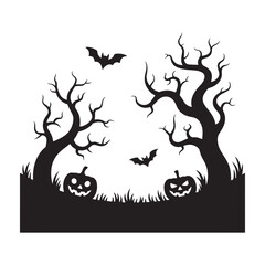 Spooky halloween scene with bare trees pumpkins and bats silhouette