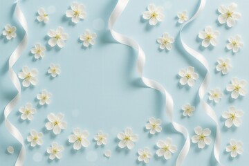 Pastel blue spring backdrop with white blossoms satin ribbons and soft bokeh light