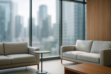 Fototapeta premium Contemporary office lounge with panoramic windows airy neutral tones corporate background