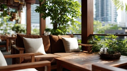 Obraz premium Spacious lounge area features large windows offering stunning views of skyscrapers and lush greenery, creating a relaxing atmosphere