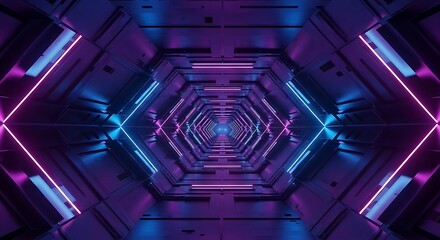 Futuristic hexagonal tunnel with glowing neon blue and pink lights creating a mesmerizing symmetrical sci fi portal effect
