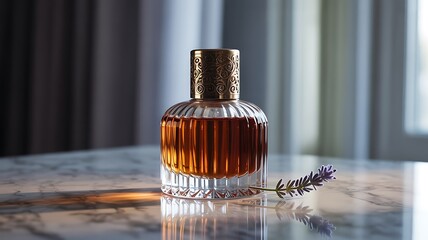 Elegant perfume bottle with intricate gold cap and a sprig of lavender conveying sophistication and luxury fragrance advertising