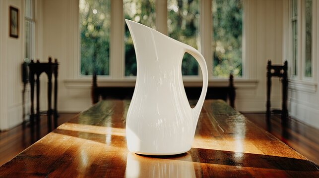 White pitcher on wooden table indoor
