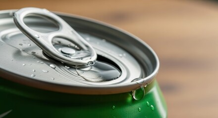 Close-up of open green soda can with condensation and pull tab detail