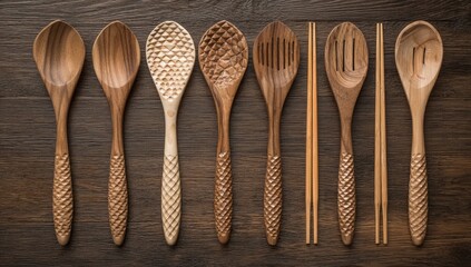 Handcrafted wooden kitchen utensils arranged on a dark wooden surface.