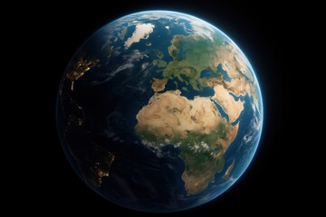 Fototapeta premium Ultra detailed Earth from orbit with sunlit continents and glowing atmosphere at night