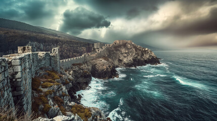 Dramatic Coastal Fortress Wall Overlooking Stormy Ocean