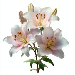 Obraz premium Elegant bouquet of delicate pink and white lilies with green stems and leaves on white