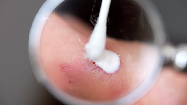 Applying steroid ointment on human foot toe with acute dyshidrotic eczema inflammation, redness and wounds through the magnifying glass, itchy and painful symptoms of dermatological diseases, healing