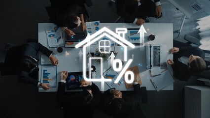 A group of professionals engaged in a business meeting, analyzing real estate trends with financial charts and a house icon symbolizing market growth opportunities. Raster