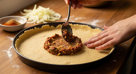 Kibbeh bi Siniya Layering with Minced Meat and Pine Nuts Preparation