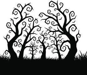 Spooky halloween forest vector illustration with bats and trees silhouette design for halloween season art 100