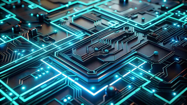 Closeup of a complex circuit board with intricate pathways and glowing blue neon lights, representing technology and data flow - Powered by Adobe