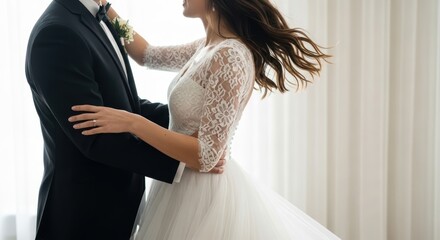 Caucasian bride and groom embrace wedding dance celebration