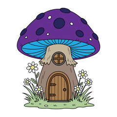 A whimsical purple mushroom house with a wooden door and windows, surrounded by daisies and grass, isolated on a white background
