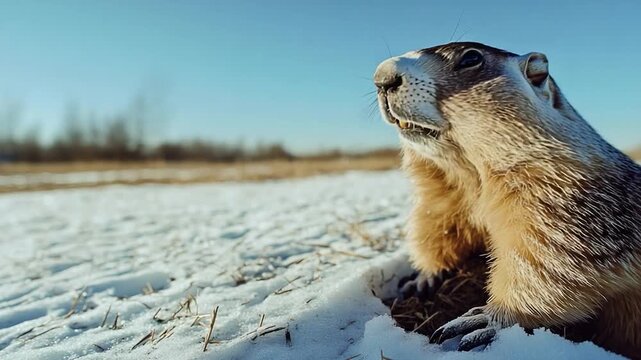 A groundhog sitting in the snow looking up, perfect for winter or spring scenes
