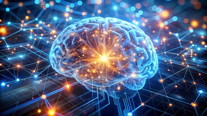 Stylized 3d rendering of a human brain illuminated with glowing blue and orange lights, interconnected by a network of lines and nodes, representing neural activity and cognition