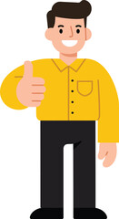 Flat vector illustration of a smiling man showing thumbs up gesture, positive approval and success concept, minimal cartoon style, isolated on white background