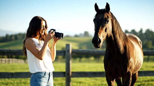 A woman stands with a camera in hand, capturing the image of a horse. The horse and the woman face each other in a rural setting with clear skies.