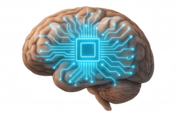 Human brain with glowing circuit board and cpu representing artificial intelligence, technology, and neuroscience on transparent background
