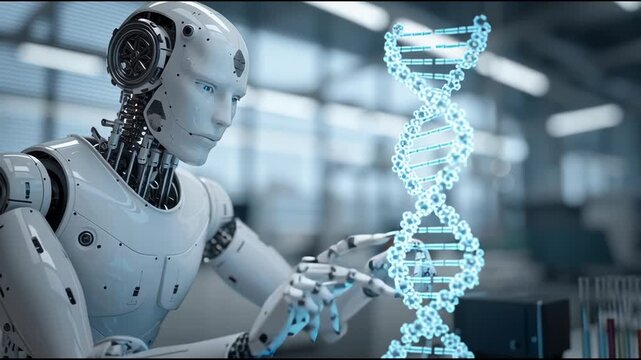 Robot touching virtual DNA helix. Artificial intelligence working on genetic engineering research in scientific lab footage.