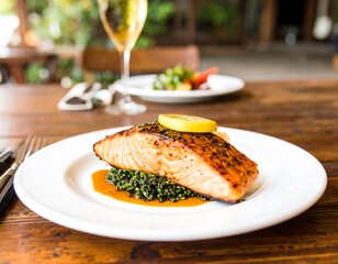 Grilled salmon with a lemon garnish