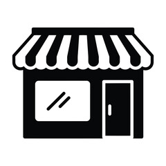 Simple black and white illustration of a storefront with a striped awning, a display window, and a door, isolated on a white background
