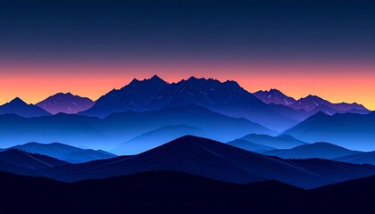 Obraz premium Majestic mountain range silhouettes at sunset, displaying an array of colors. The stunning scenery evokes a sense of wonder and awe