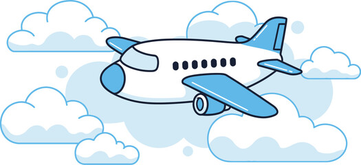Flat vector illustration of an airplane flying in the sky with clouds, travel and aviation concept, minimal cartoon style, isolated on white background