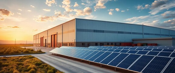 Modern warehouse, solar panels, scenic landscape, logistics operations,  production,  business