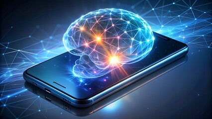A smartphone emits a luminous digital brain graphic, symbolizing artificial intelligence and the fusion of technology with human intellect