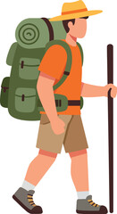 Flat Vector Illustration of Male Hiker with Backpack and Hiking Stick in Hat