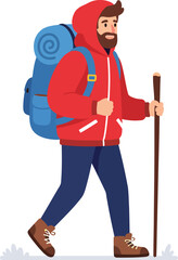 Flat Vector Illustration of Male Hiker with Backpack and Hiking Stick in Red Hoodie