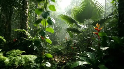 Slow tracking shot through dense, vibrant tropical island jungle foliage with soft diffused light exploration, exotic, tranquil