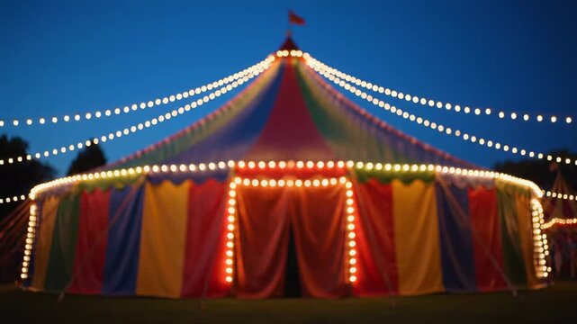 Illuminated Circus Tent at Night - A brightly lit circus tent stands against a twilight sky, adorned with strings of fairy lights outlining its colorful striped canvas.