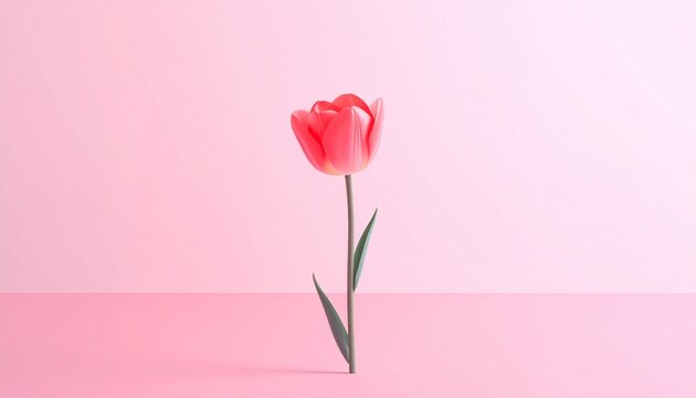A delicate red tulip on a pastel pink background. It stands tall and elegant, showcasing the beauty of a single flower