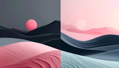 Abstract surreal landscape scene divided in two, featuring soft shapes and color gradients, creating a dreamy atmosphere. The scene includes a spherical shape, resembling the sun.
