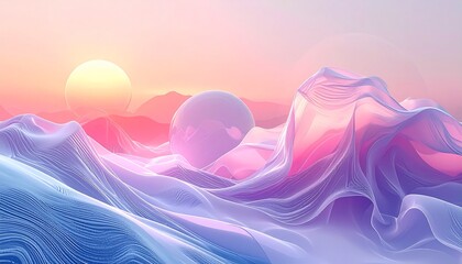 An abstract landscape of flowing waves in pastel colors with glowing orbs and sun setting