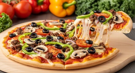 Delicious pizza with melted cheese being pulled from a slice