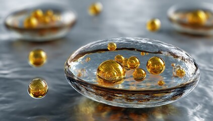 Clear, glassy orbs, holding golden droplets