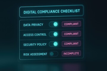 Digital compliance checklist interface neon HUD with checkmarks toggles and secure icons