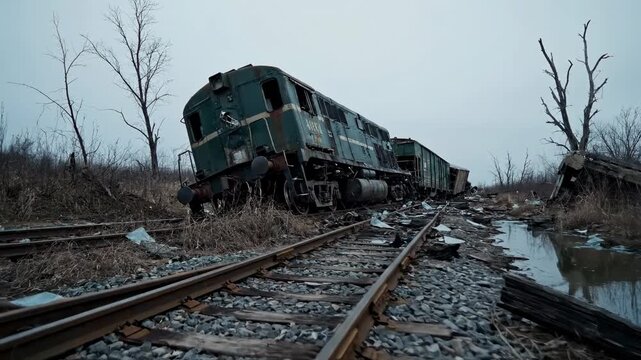 Derelict Train Wreck Aftermath - A weathered, rusty train lies derailed in an overgrown, desolate landscape. The wreckage shows significant damage, with debris scattered around the site.
