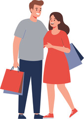 Flat Vector Illustration of Happy Couple Shopping Together