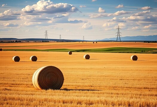 Round hay bales dot a harvested prairie, transmission towers rise on the horizon, Rocky View County, Alberta , hay, photography