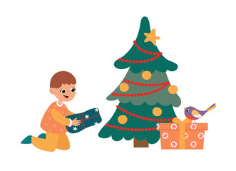 Illustration of Boy with Christmas Tree and Presents