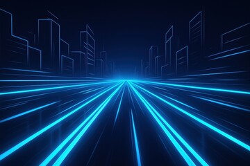 Futuristic neon highway with vivid blue light trails long exposure motion at night