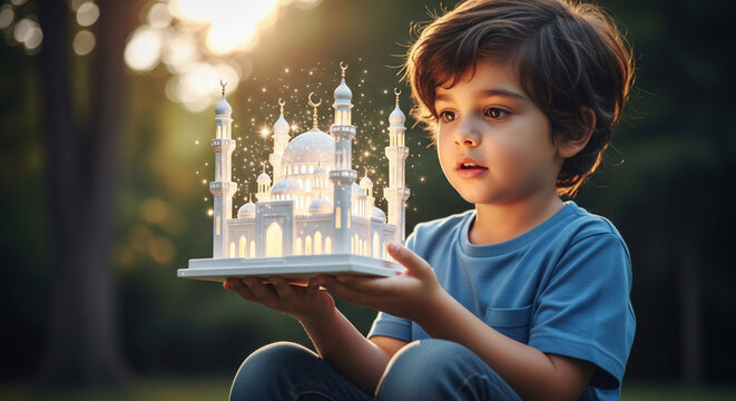 Young child marvels at glowing miniature mosque, sparks of magic surrounding sacred building