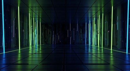 Abstract futuristic neon tunnel with glowing green and blue vertical light lines creating a sense of depth and motion in a dark environment