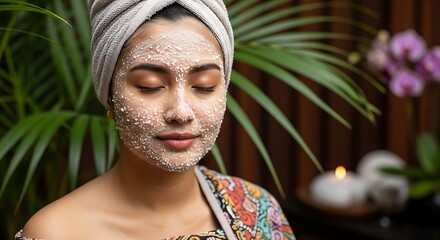 Serene Woman with Exfoliating Facial Mask and Towel Headwrap in Tropical Spa Setting