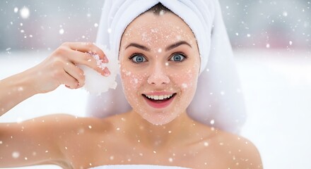 Smiling young woman with snow on her face and head towel, holding snowball for natural winter skincare outdoors.